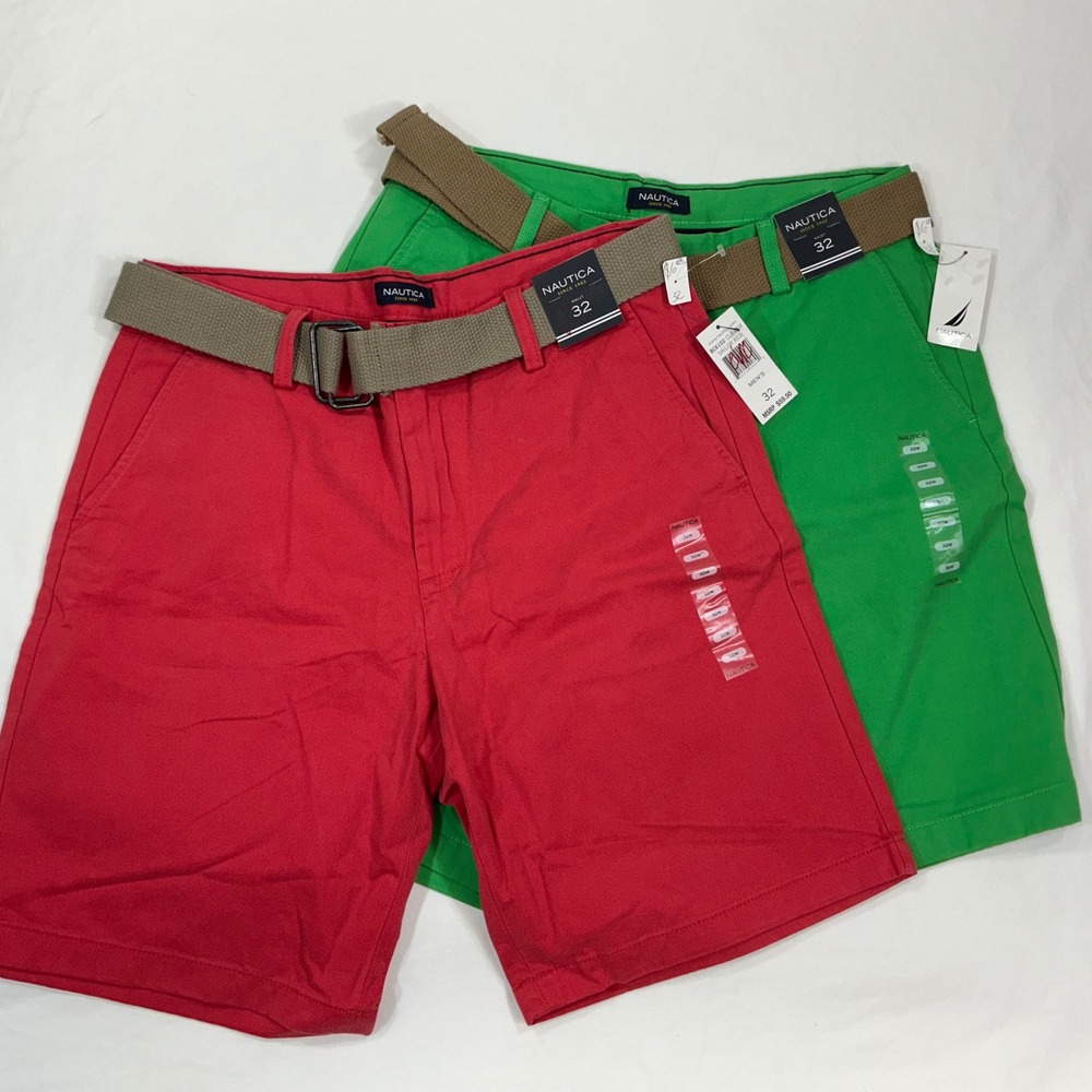 Nautica Mens 32 Chino Shorts 2 Pack Red Green Belted Flat Front BC6102 NEW